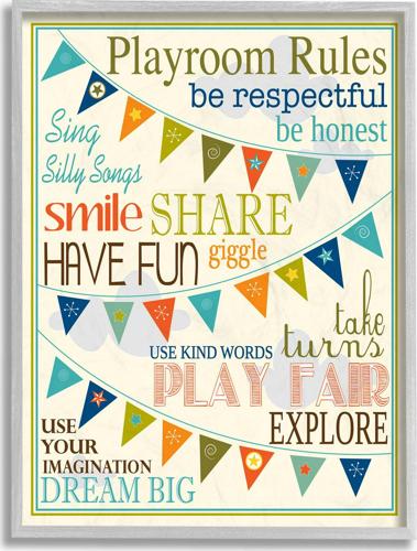 The Kids Room by Stupell Playroom Rules With Pennants In Blue Framed Wall Art by Karen Zukowski (Finny And Zook)