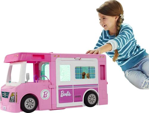 a Barbie Camper, Doll Playset With 50 Accessories, Truck, Boat And House, 3-In-1 Dream Camper