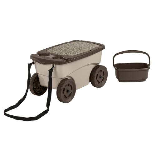 Suncast Outdoor Rolling Garden Scooter with Wheels and Pull Strap, Light Taupe