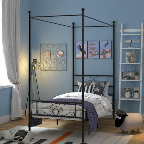 Teraves Twin Size Canopy Bed Metal Bed Frame 4 Post Mattress Platform Foundation with headoard footboard, No Box Spring, Black