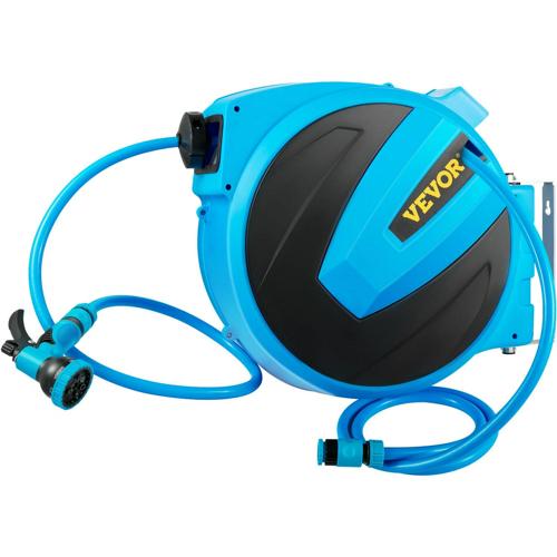 VEVOR Retractable Hose Reel, 5/8 inch*65 ft, Any Length Lock and Automatic Rewind Water Hose, Wall Mounted Garden Hose Reel With 180A Swivel Bracket and 7 Pattern Hose Nozzle, Blue