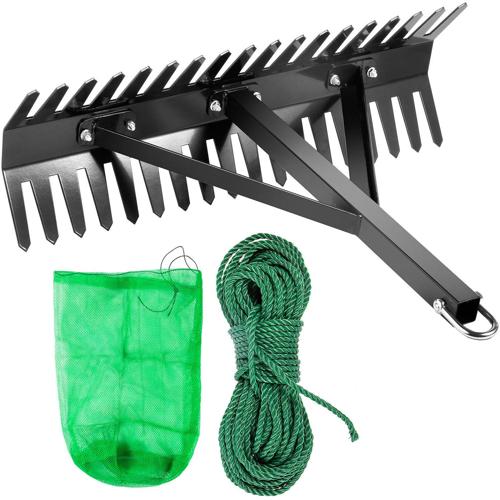 VEVOR Pond Rake, 16 inch Aquatic Weed Rake, Double Sided Lake Weed Cutter, Clean Aquatic Weeds Muck Silt Lake Rakes, Weed Rakes Tool for Lake Pond Beach Landscaping, Lake Weed Rake with 66 ft Rope