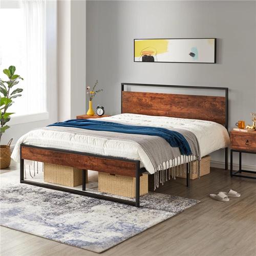 Yaheetech Rustic Metal Platform Bed with Wooden Headboard and Footboard, Queen Size, Mahogany
