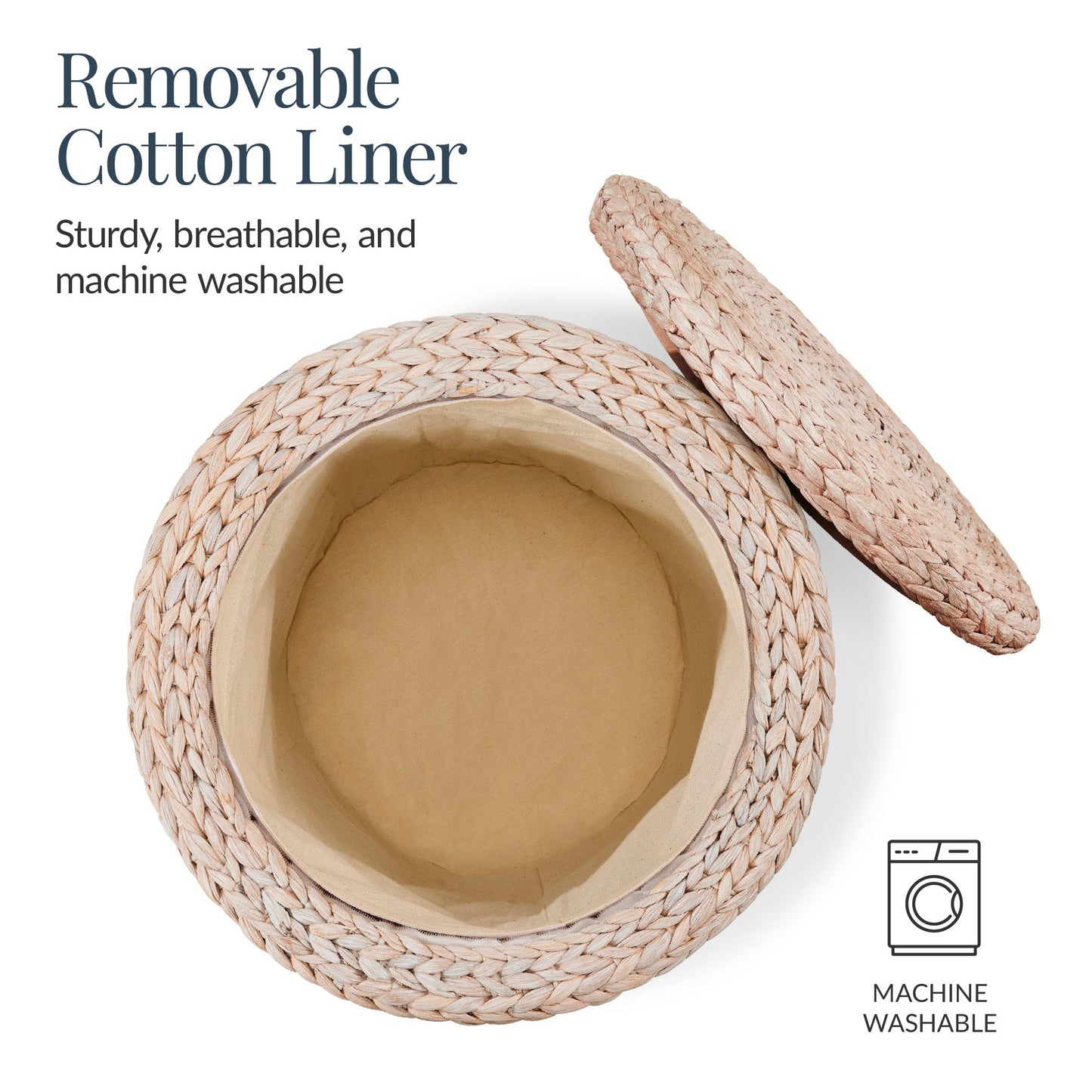 17" Round Storage Ottoman with Lid, Handwoven Water Hyacinth Footstool