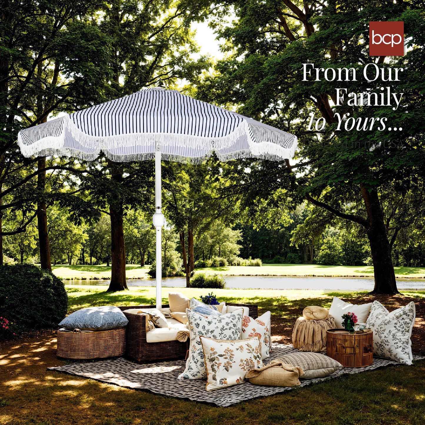 9ft Boho Fringe Umbrella Tilt, UPF50+, Steel Pole