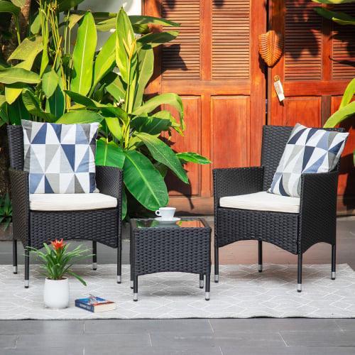 SUGIFT 3-Piece Outdoor Wicker Conversation Bistro Set, Patio Chat Furniture w/ 2 Chairs, Table - Brown