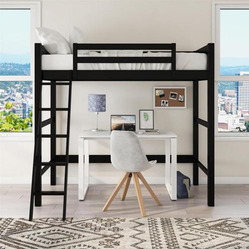 Your Zone Kids Wooden Loft Bed with Ladder, Twin, Black