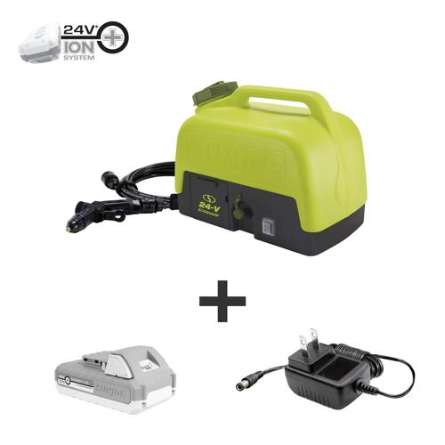 Sun Joe 24V iON+ Cordless Go-Anywhere Portable Sink/Shower Spray Washer Kit, 5 Gal, w/ 2.0Ah Battery + Charger, 116 PSI Max, 1.5 GPM Max