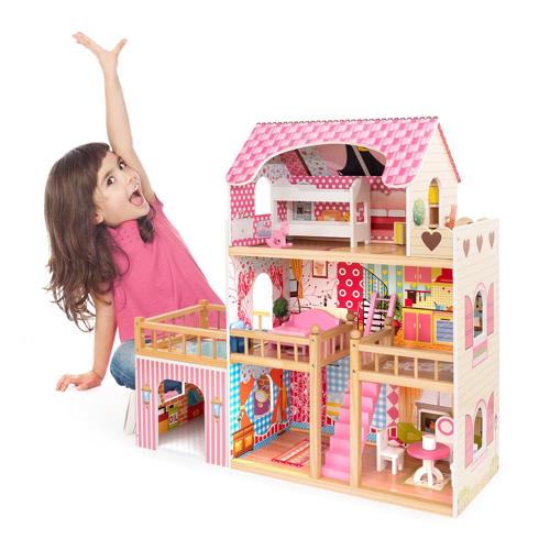 Aukfa Wooden Doll House for Girl, 3-Story 35.4 Dreamy Doll House,7 Pieces Furniture
