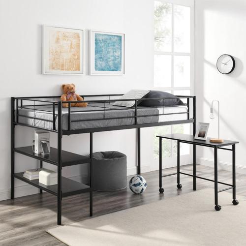 Walker Edison Twin Metal Loft Bed with Desk and Shelving, Black