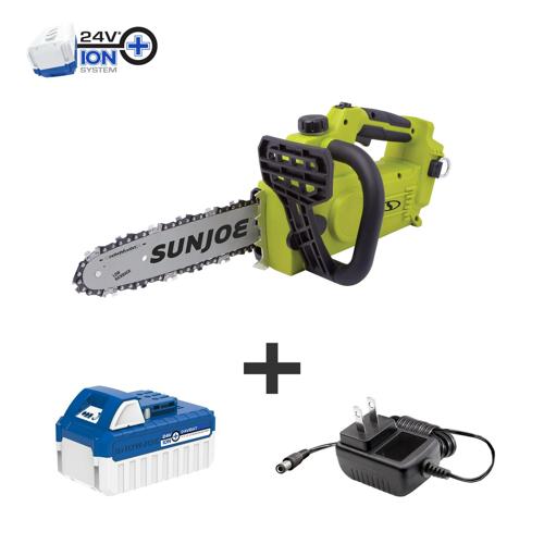 Sun Joe 24-Volt iON+ Cordless 10-inch Chainsaw W/ 4.0-Ah Battery and Charger