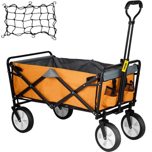 VEVORbrand Collapsible Wagon Cart ,Folding Wagon Cart , 176 lbs Load Beach Wagon Oversized Wheels, Portable Folding Wagon Adjustable Handles for Beach, Garden, Sports, Camping, Orange and Gray