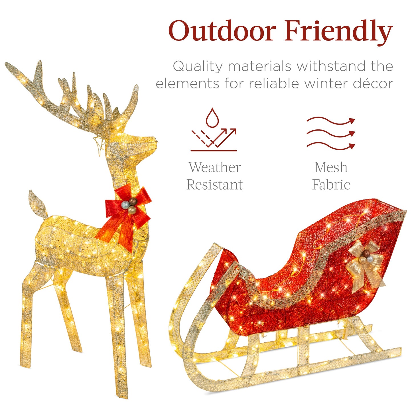 XL Lighted Christmas Reindeer & Sleigh Outdoor Decor Set w/ LED Lights