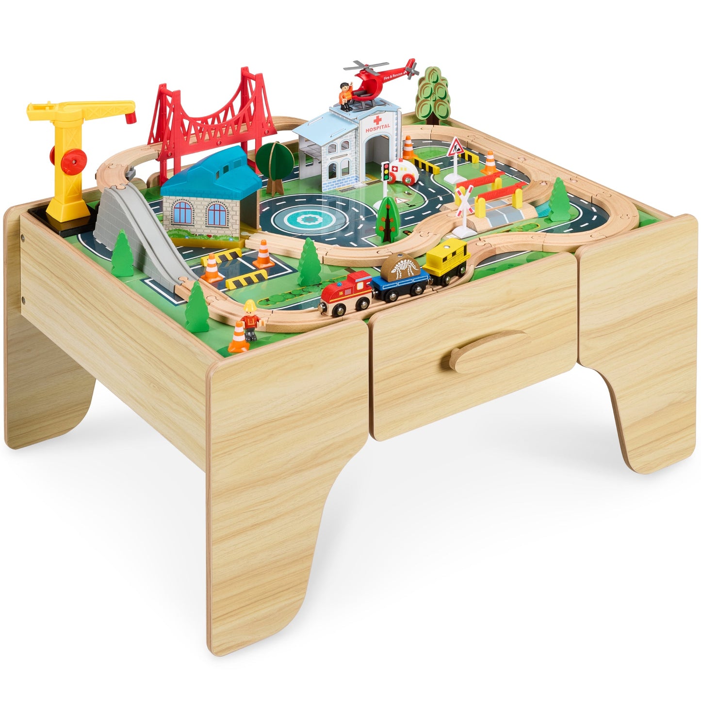 56 Piece Wooden Train Set Table for Kids w/Toy Storage Drawer