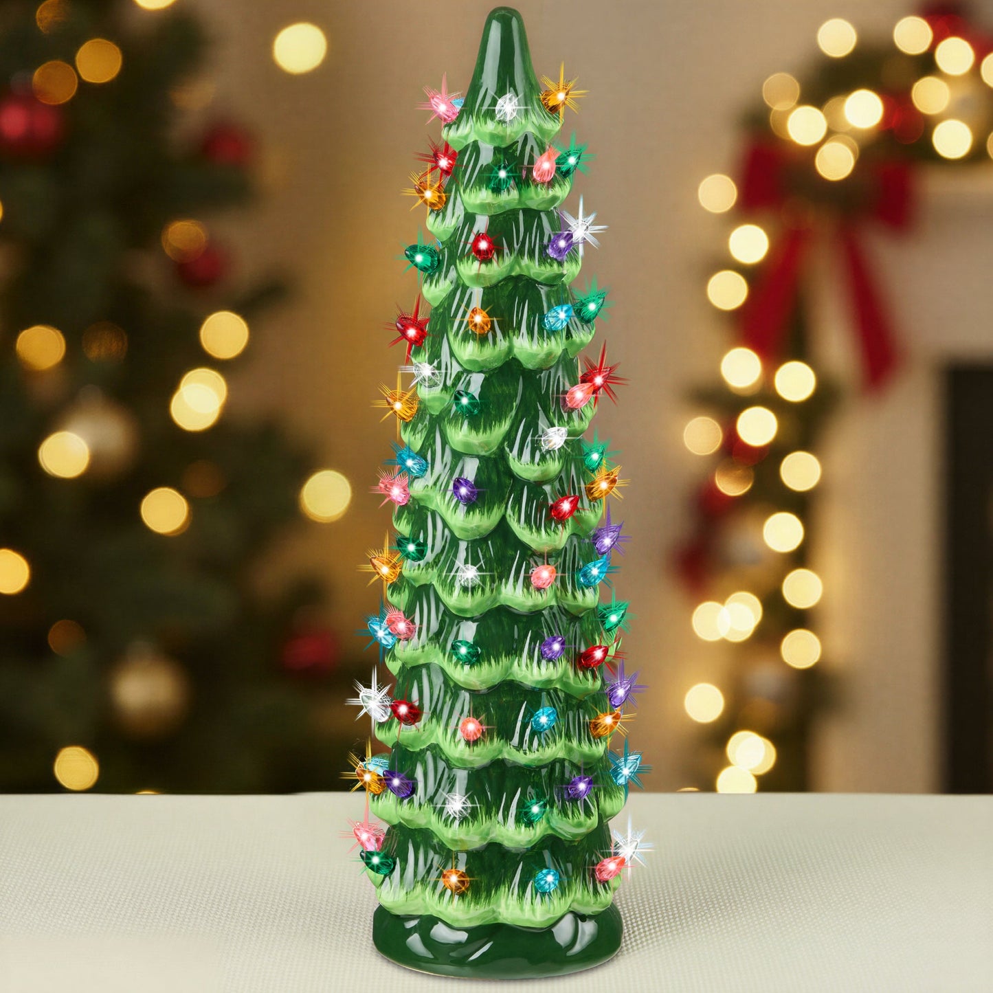 15in Ceramic Christmas Tree, Hand-Painted Holiday Decor w/ LED Lights