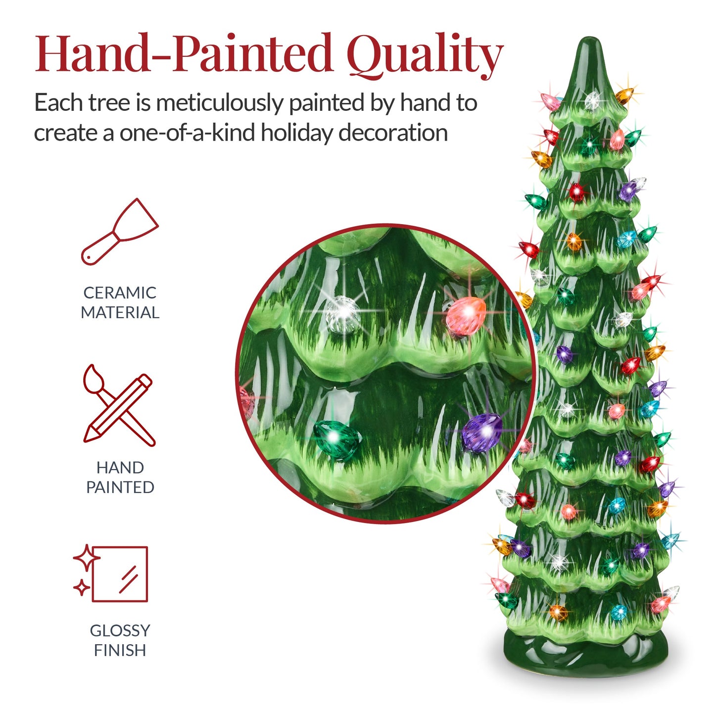 15in Ceramic Christmas Tree, Hand-Painted Holiday Decor w/ LED Lights