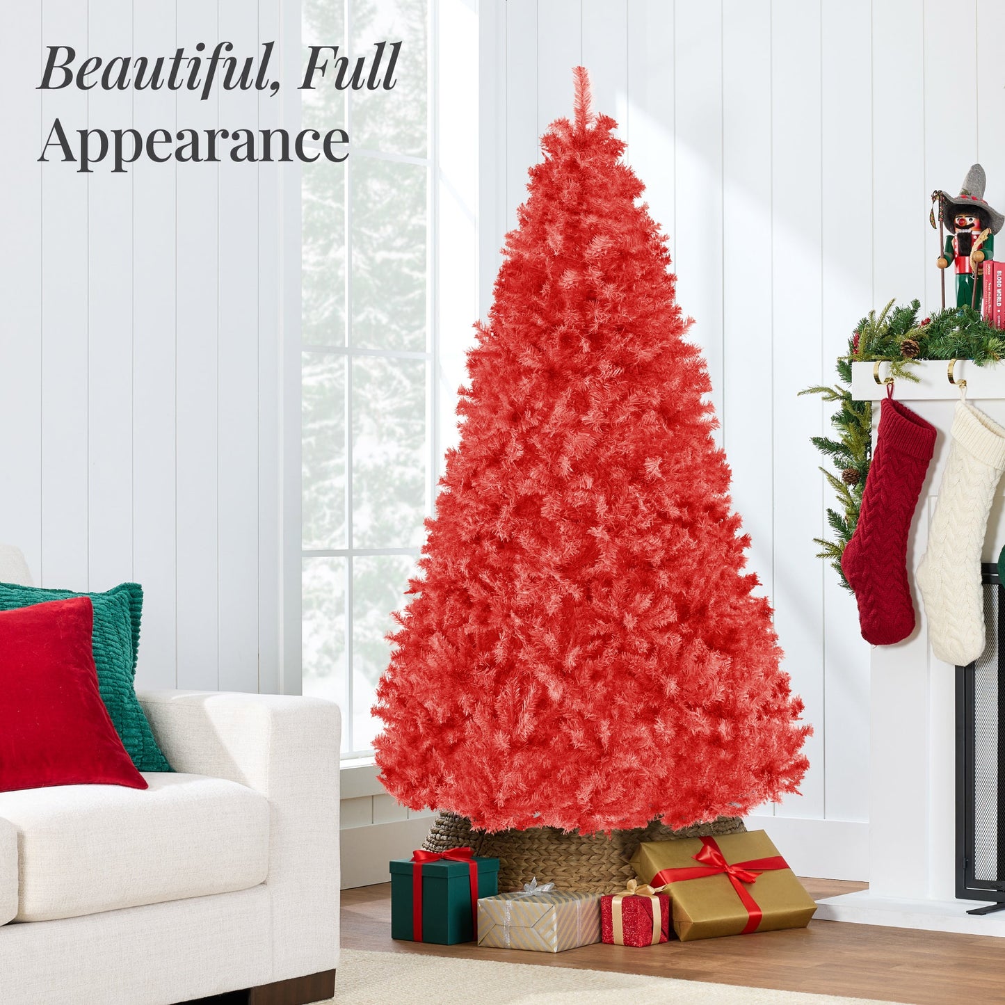 Artificial Red Christmas Tree, Unlit Pine Design w/Easy Assembly