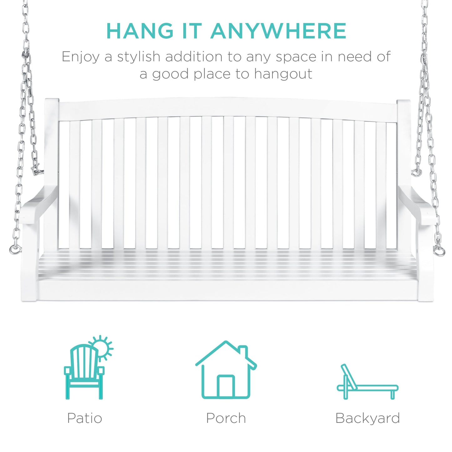 Wooden Curved Back Hanging Porch Swing Bench w/ Mounting Chains - 48in