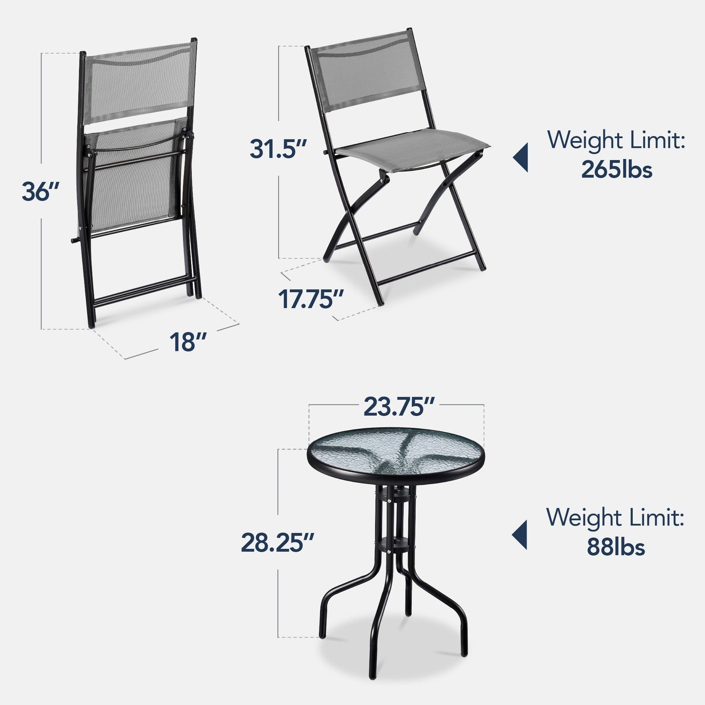 3-Piece Bistro Set w/ Glass Table, 2 Foldable Chairs