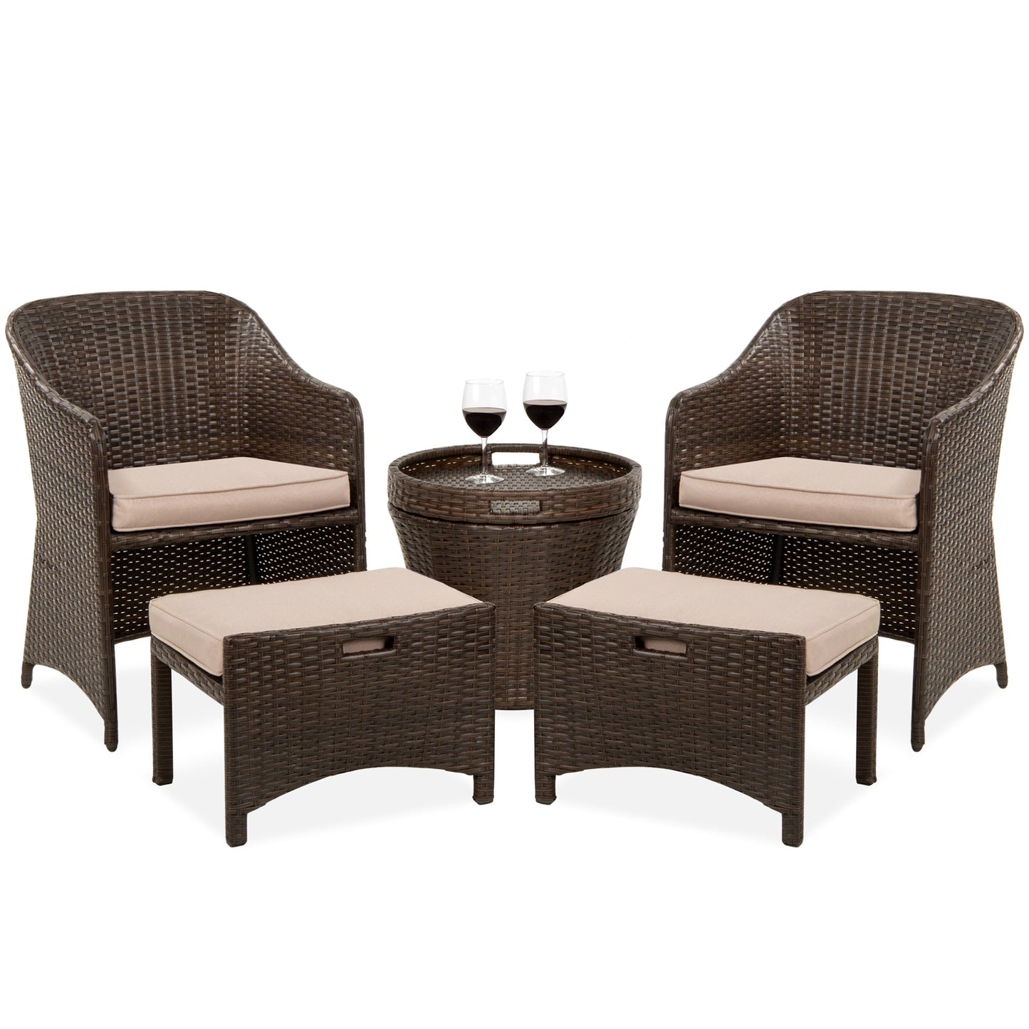 5-Piece Outdoor Wicker Bistro Set w/ Side Storage Table, No Assembly