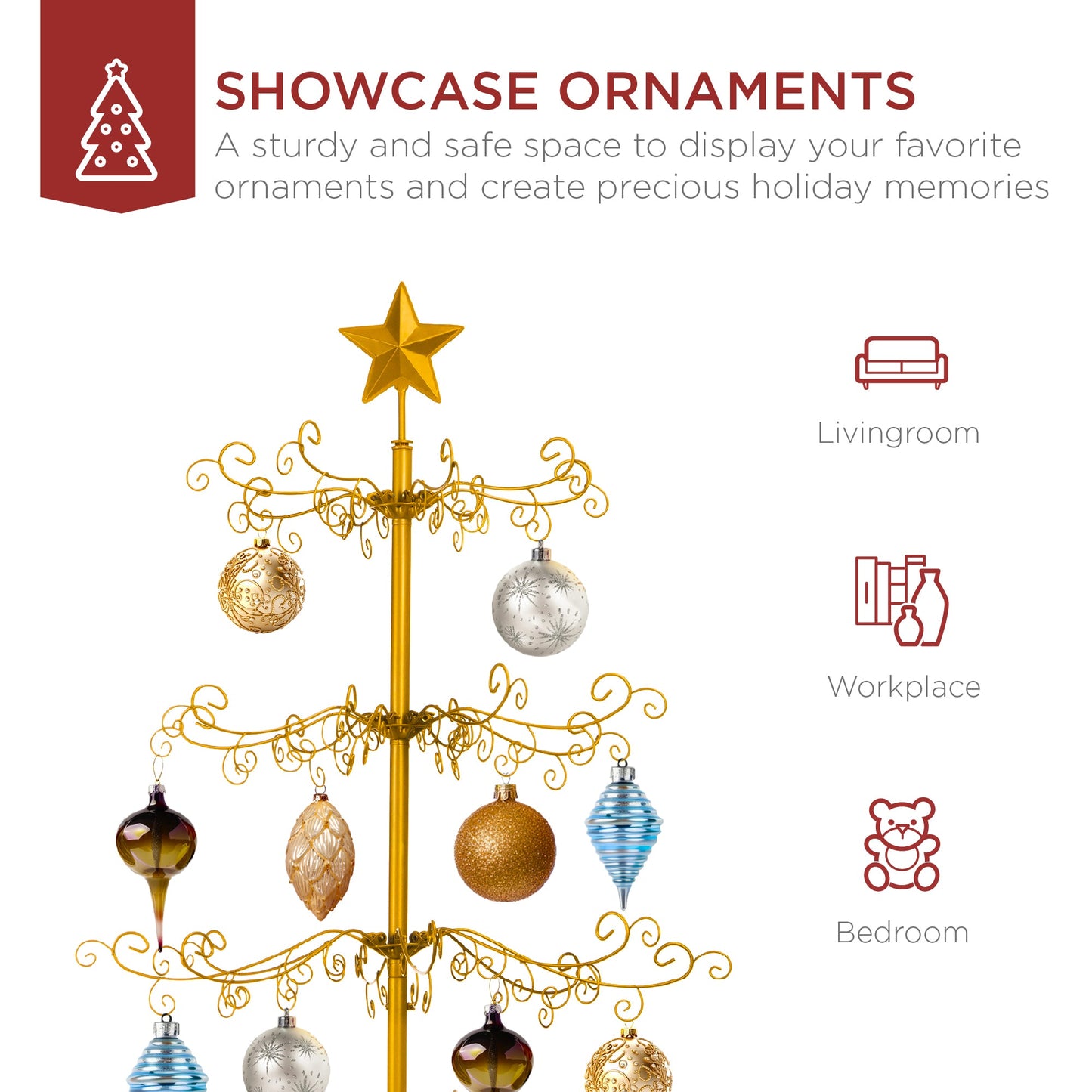 Wrought Iron Christmas Tree Ornament Display w/ Easy Assembly, Stand - 6ft