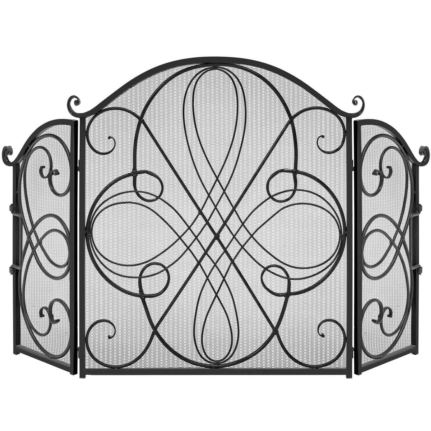 3-Panel Wrought Iron Metal Fireplace Screen Cover w/ Scroll Design - 55x33in