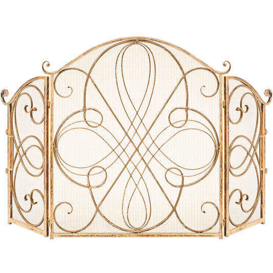 3-Panel Wrought Iron Metal Fireplace Screen Cover w/ Scroll Design - 55x33in