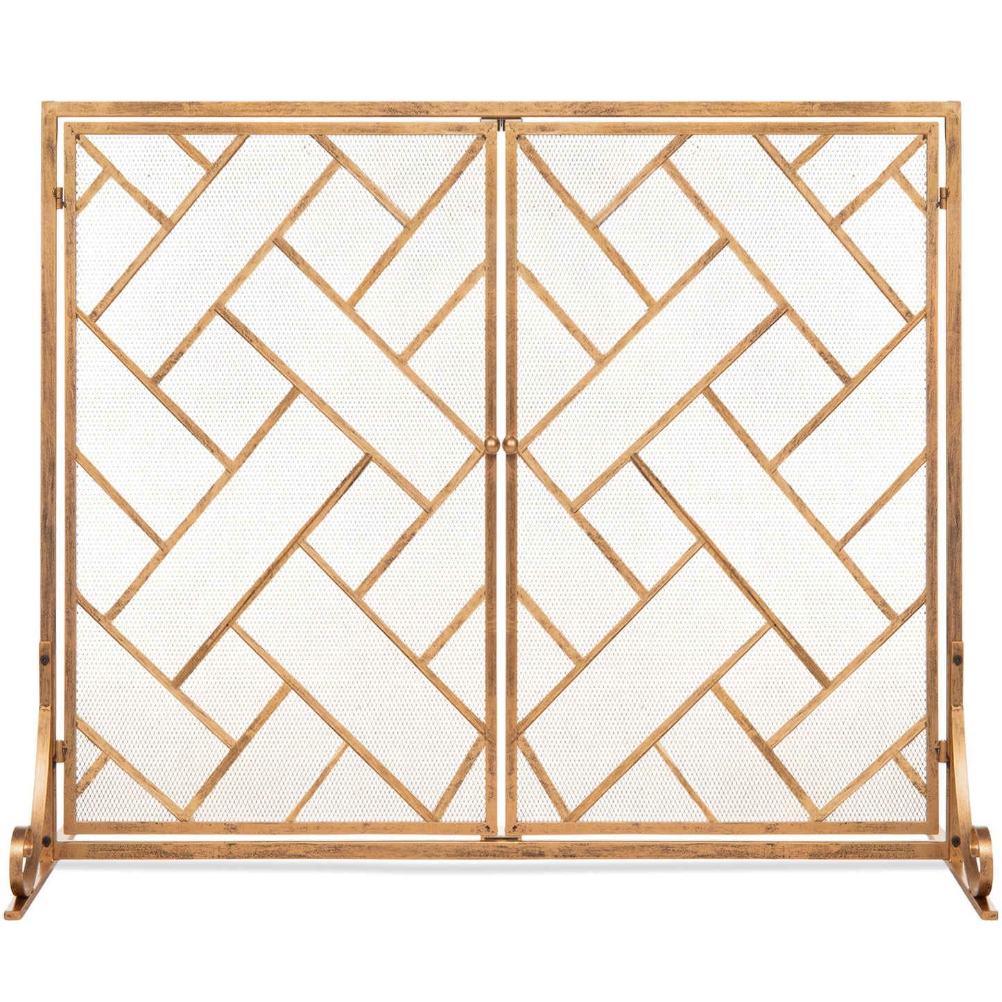 2-Panel Wrought Iron Geometric Fireplace Screen w/ Magnetic Doors - 44x33in