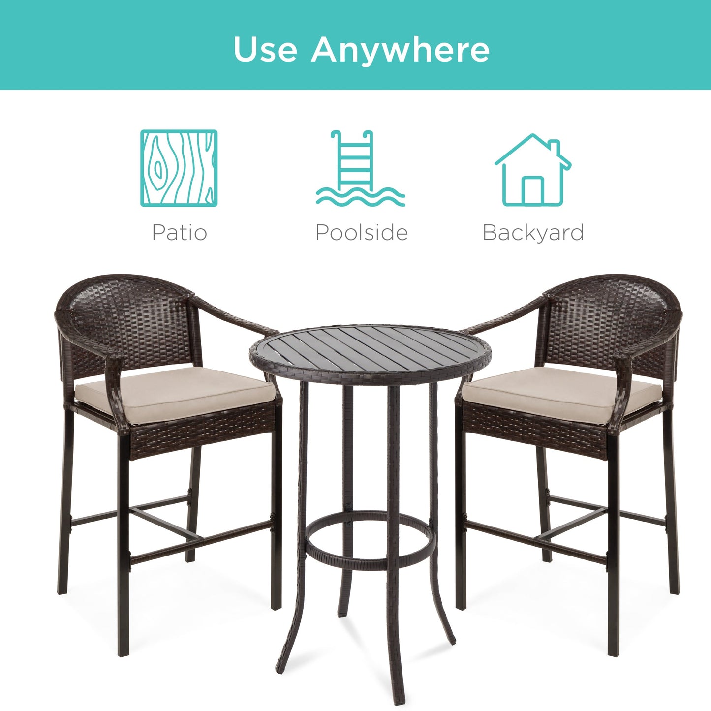 3-Piece Outdoor Bistro Wicker Table Bar Set w/ Bar Stools, Footrests
