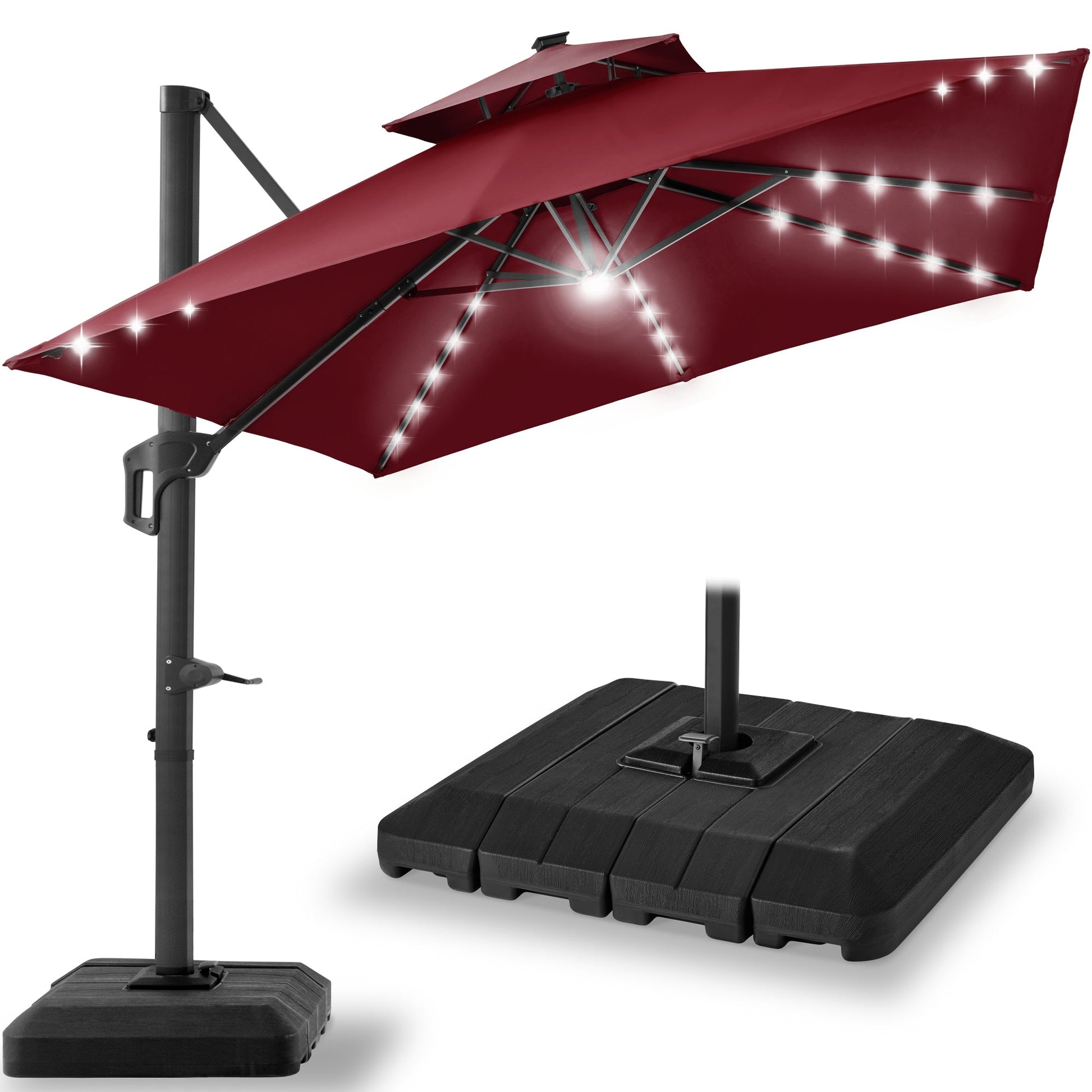 2-Tier Square LED Cantilever Offset Umbrella w/ 360 Rotation, Base - 10x10ft