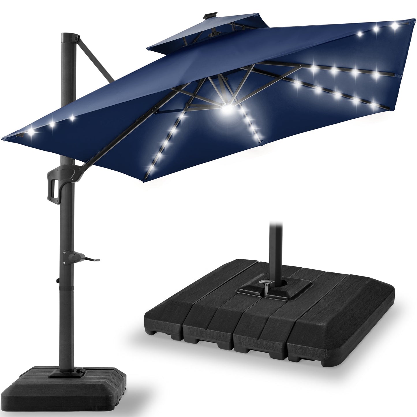 2-Tier Square LED Cantilever Offset Umbrella w/ 360 Rotation, Base - 10x10ft