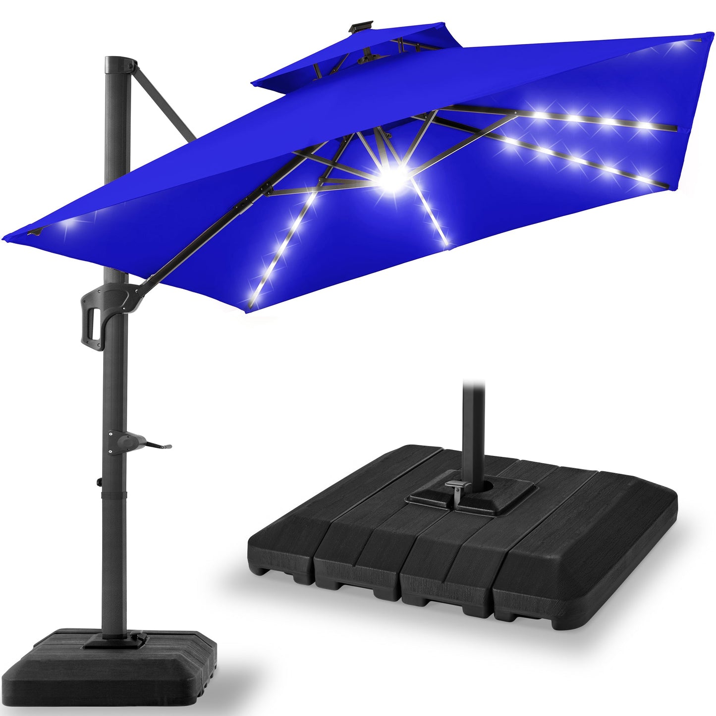 2-Tier Square LED Cantilever Offset Umbrella w/ 360 Rotation, Base - 10x10ft
