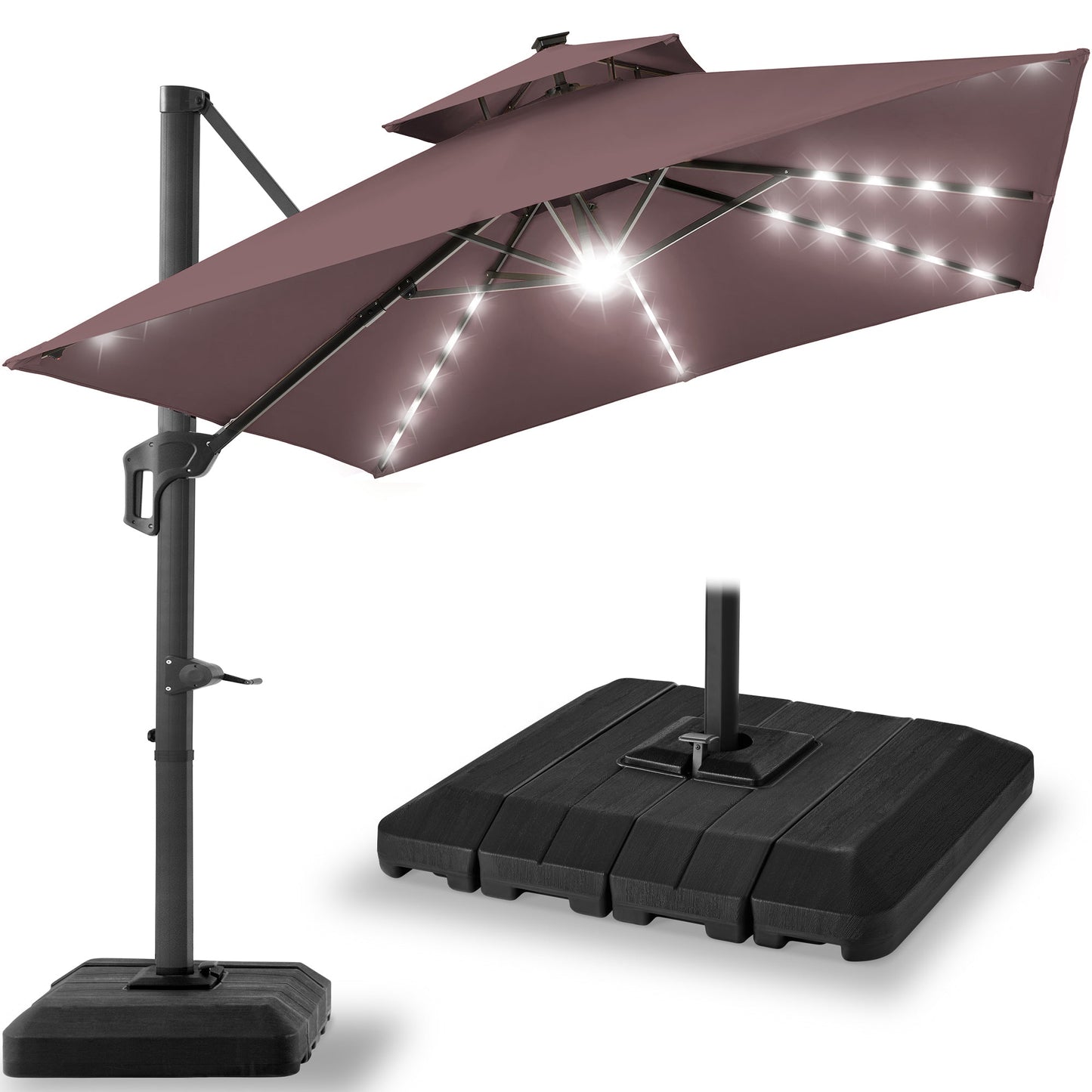 2-Tier Square LED Cantilever Offset Umbrella w/ 360 Rotation, Base - 10x10ft