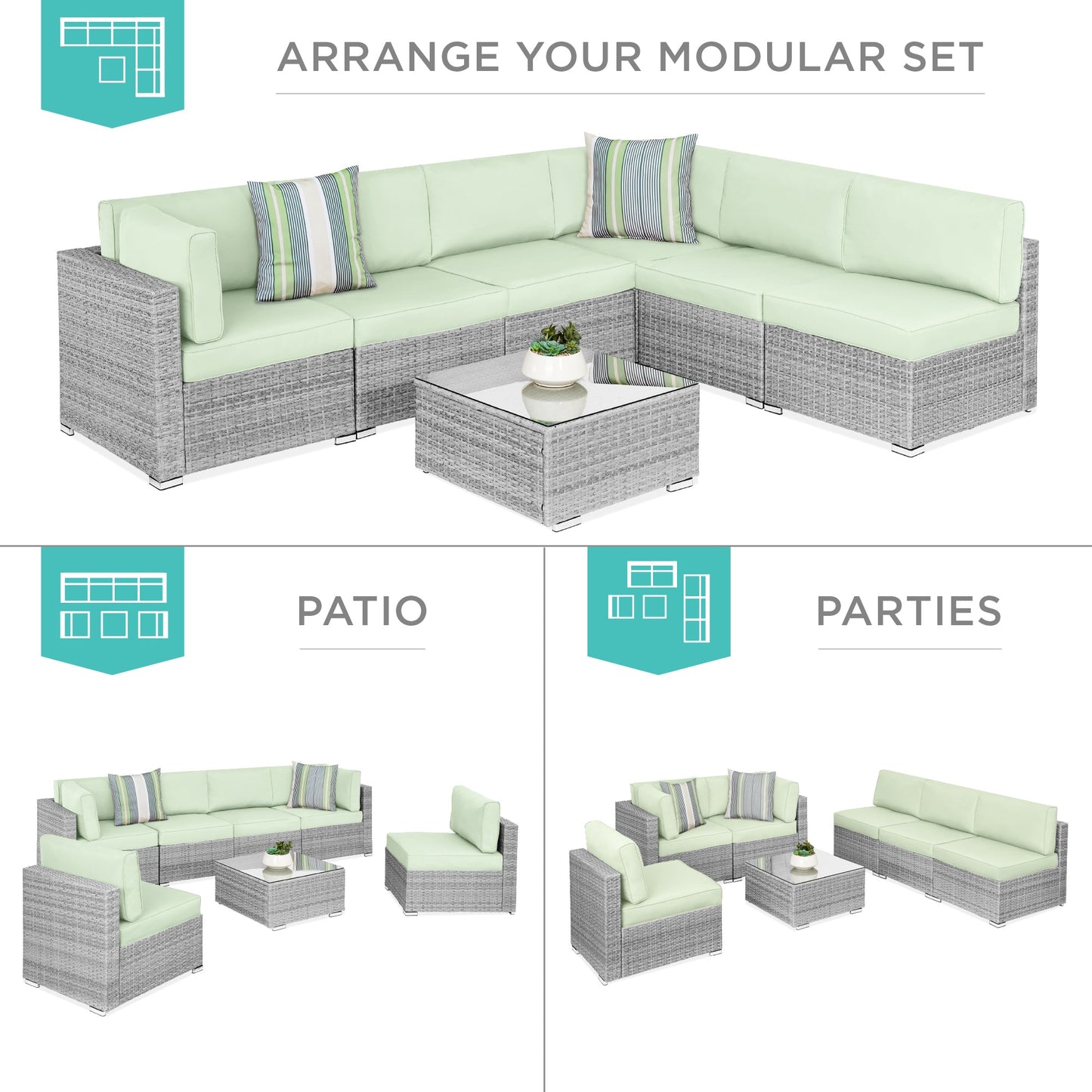 7-Piece Modular Wicker Sectional Conversation Set w/ 2 Pillows, Cover