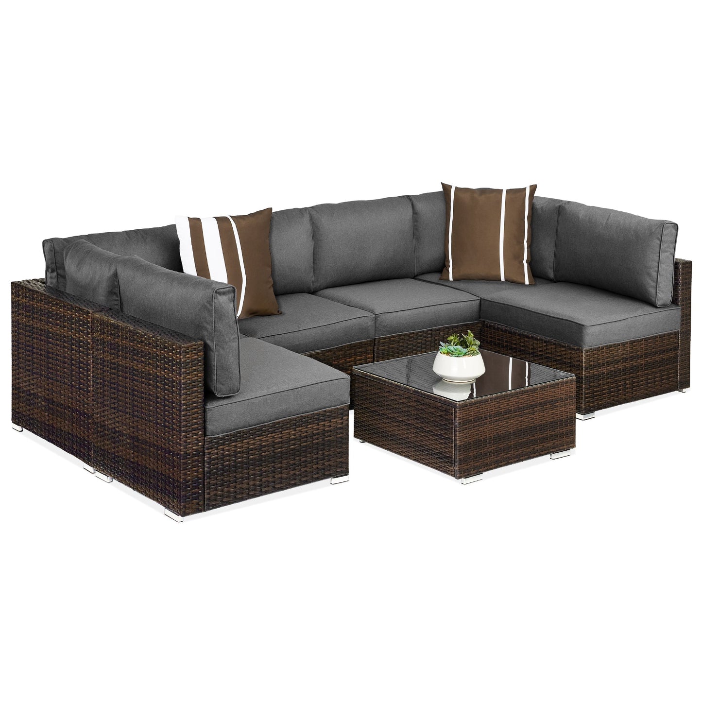 7-Piece Modular Wicker Sectional Conversation Set w/ 2 Pillows, Cover
