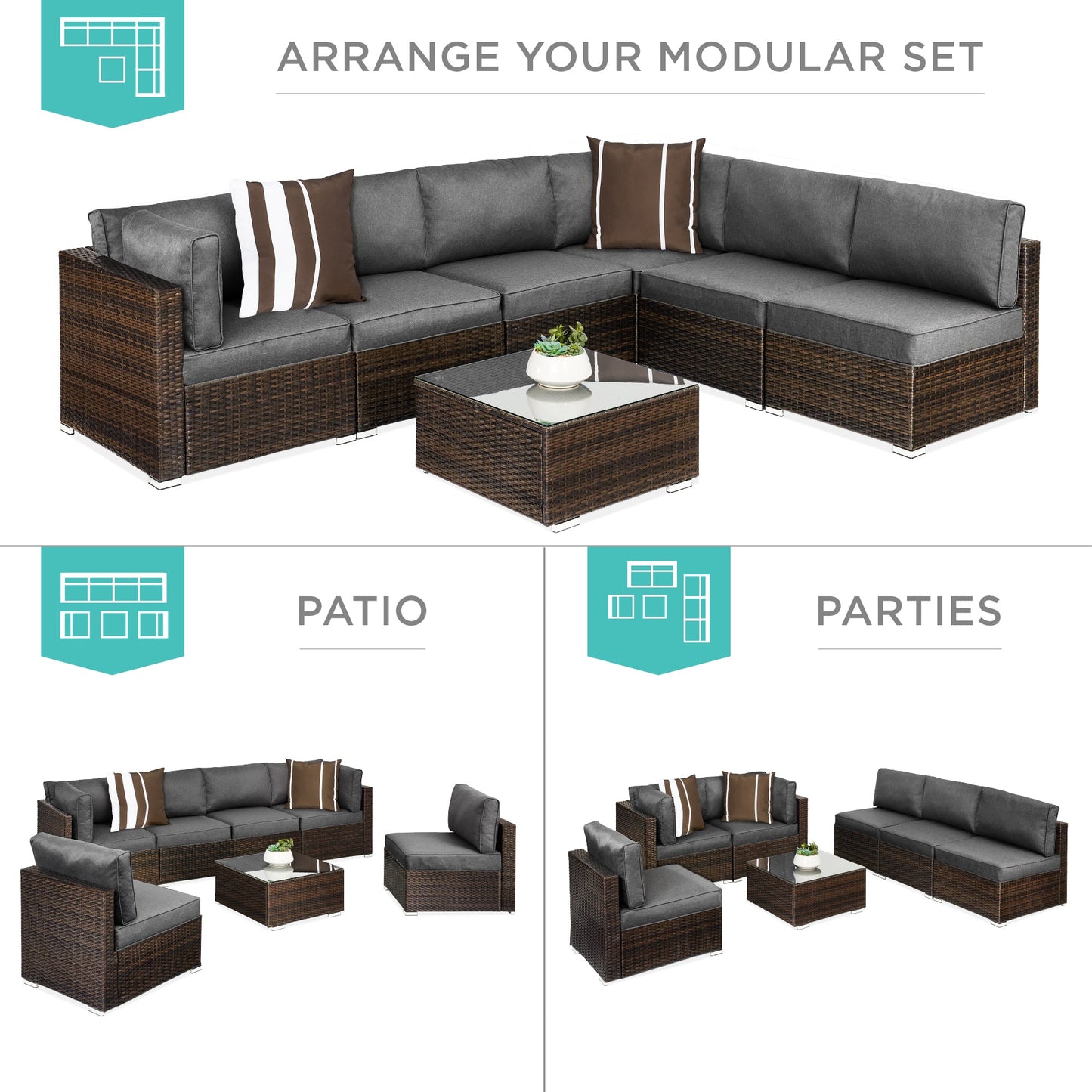 7-Piece Modular Wicker Sectional Conversation Set w/ 2 Pillows, Cover
