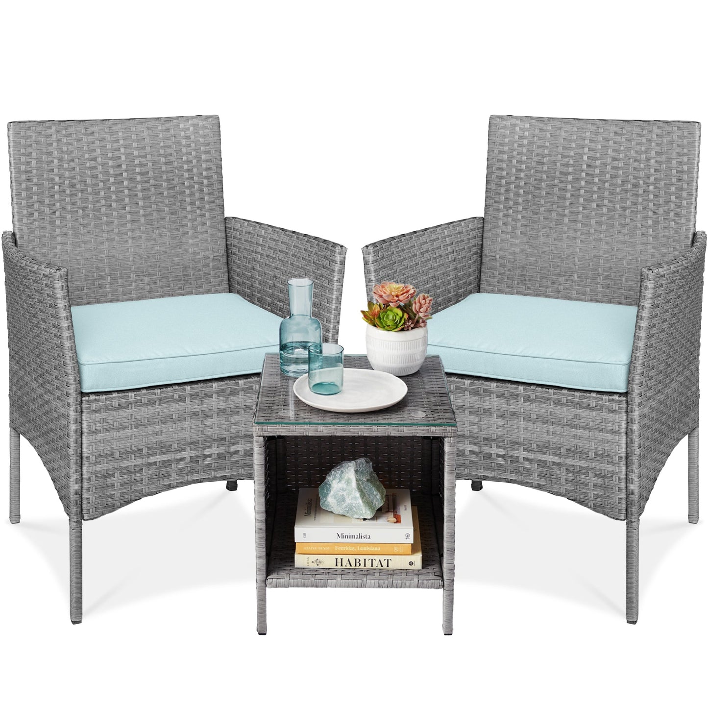 3-Piece Outdoor Patio Wicker Bistro Set w/ Side Storage Table