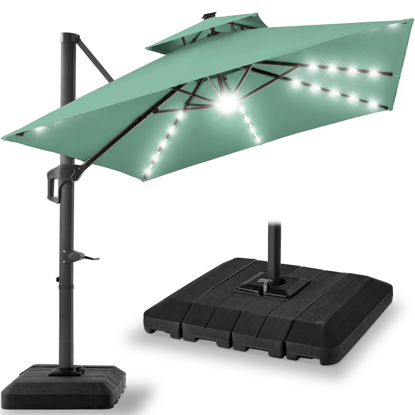 2-Tier Square LED Cantilever Offset Umbrella w/ 360 Rotation, Base - 10x10ft