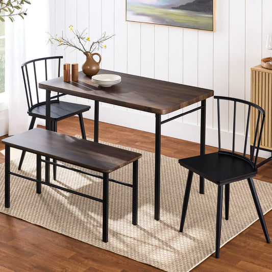4-Piece Farmhouse Dining Table Set w/ 2 Black Spindle Chairs, Bench, Table