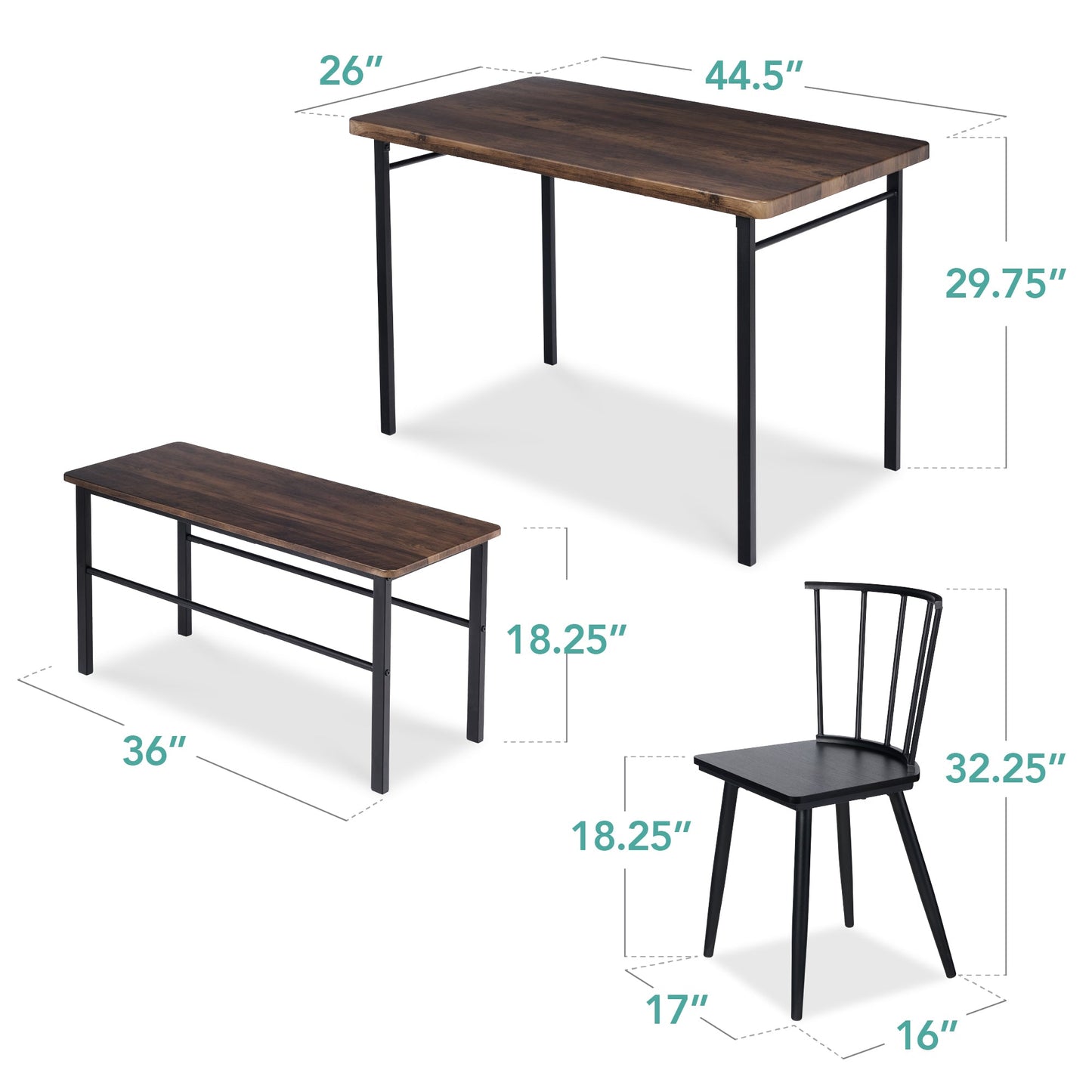 4-Piece Farmhouse Dining Table Set w/ 2 Black Spindle Chairs, Bench, Table