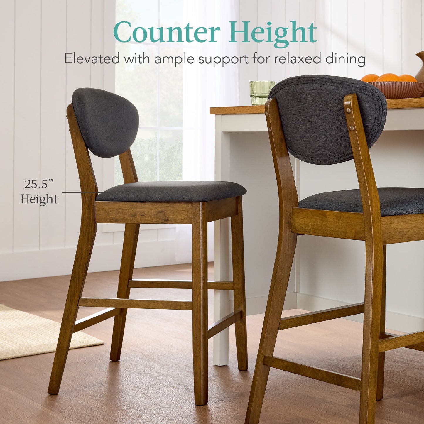 2-Piece Mid-Century Modern Wood & Upholstered Counter Height Bar Stool Set
