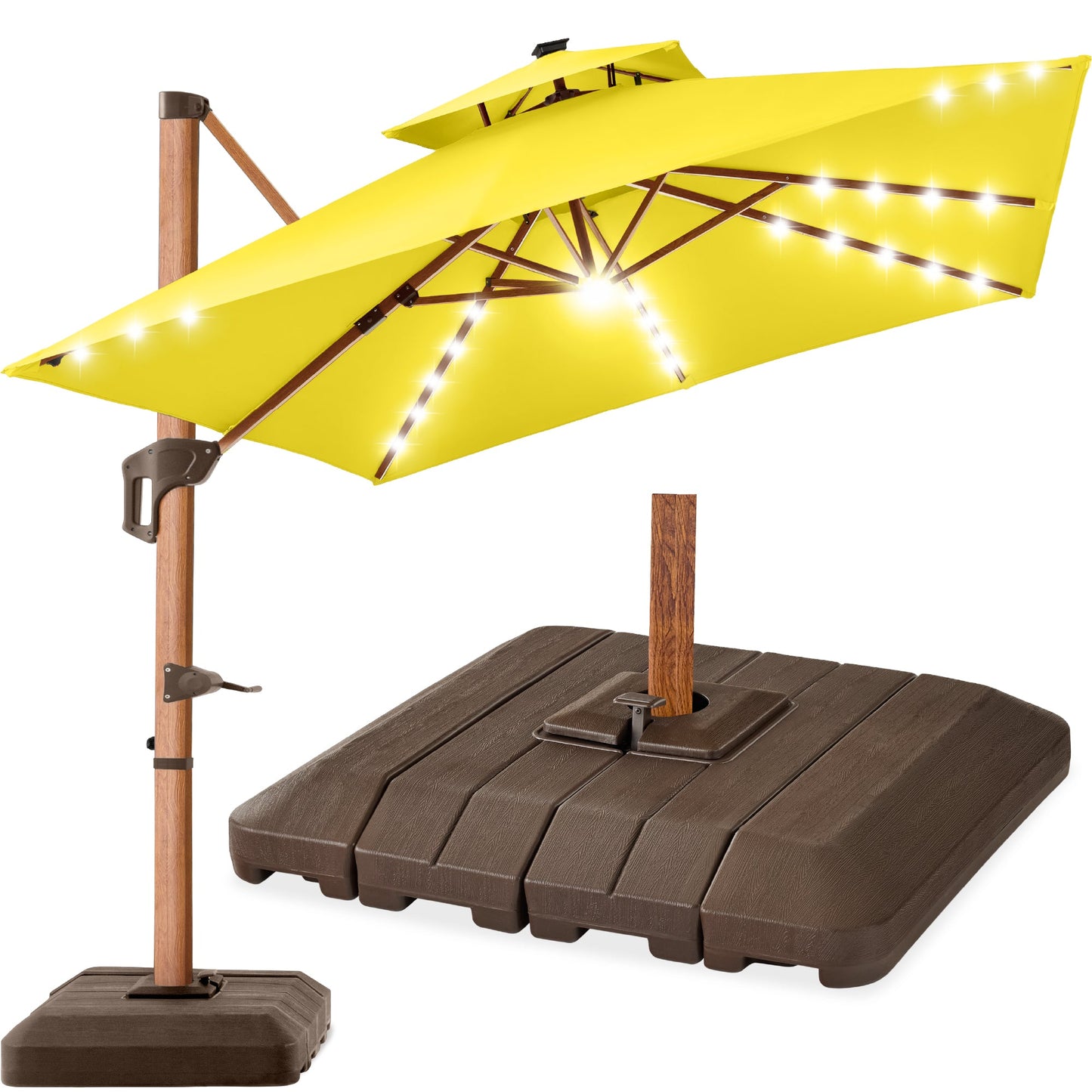 Woodgrain Pattern 2-Tier Outdoor Solar LED Cantilever Umbrella - 10x10ft