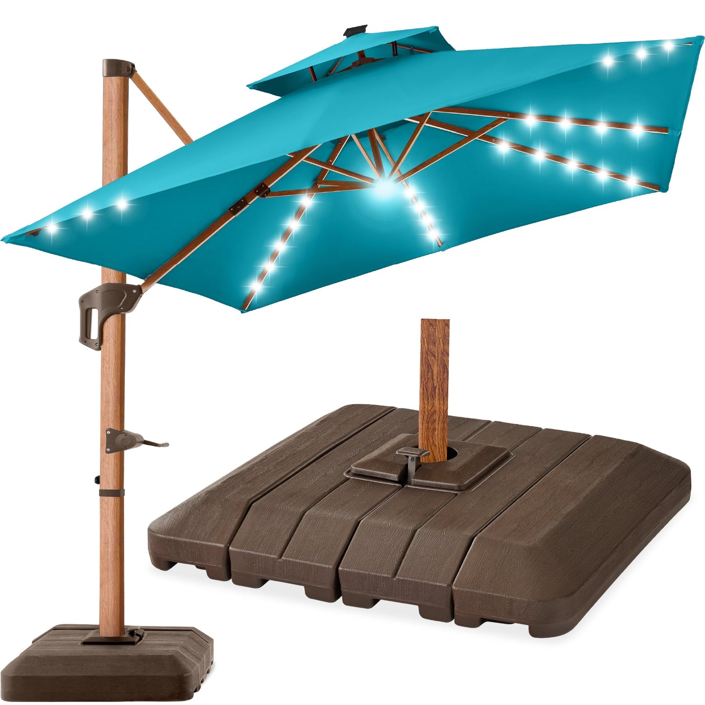 Woodgrain Pattern 2-Tier Outdoor Solar LED Cantilever Umbrella - 10x10ft