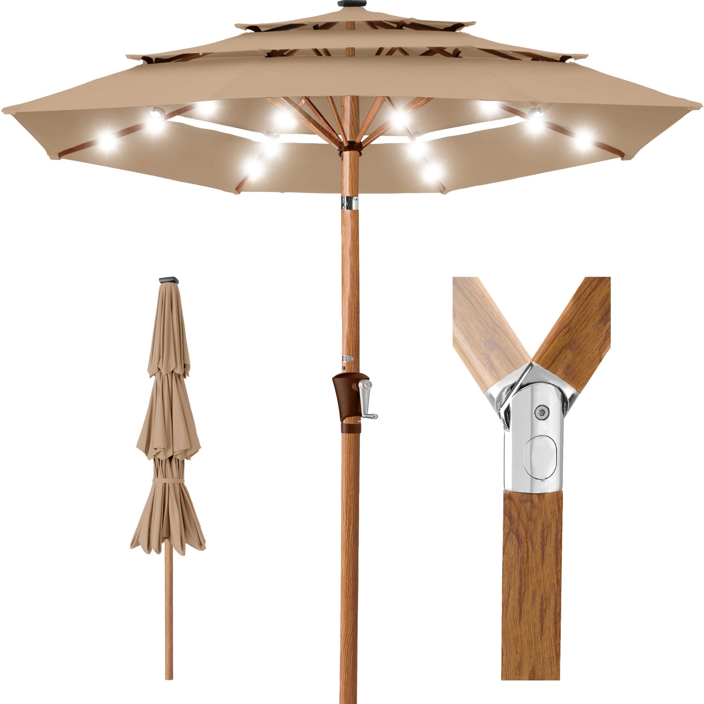 3-Tier Woodgrain Pattern Solar Patio Umbrella, Tilt Adjustment - 10ft