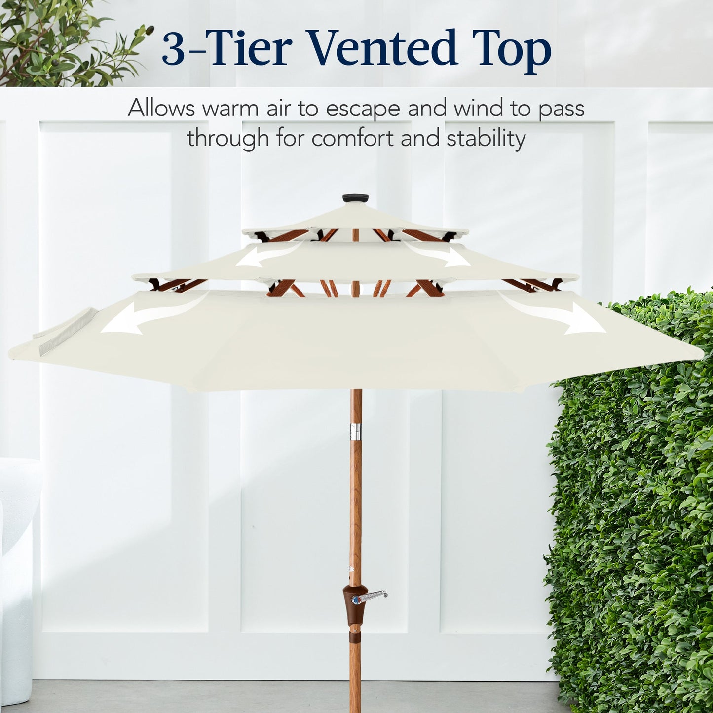 3-Tier Woodgrain Pattern Solar Patio Umbrella, Tilt Adjustment - 10ft