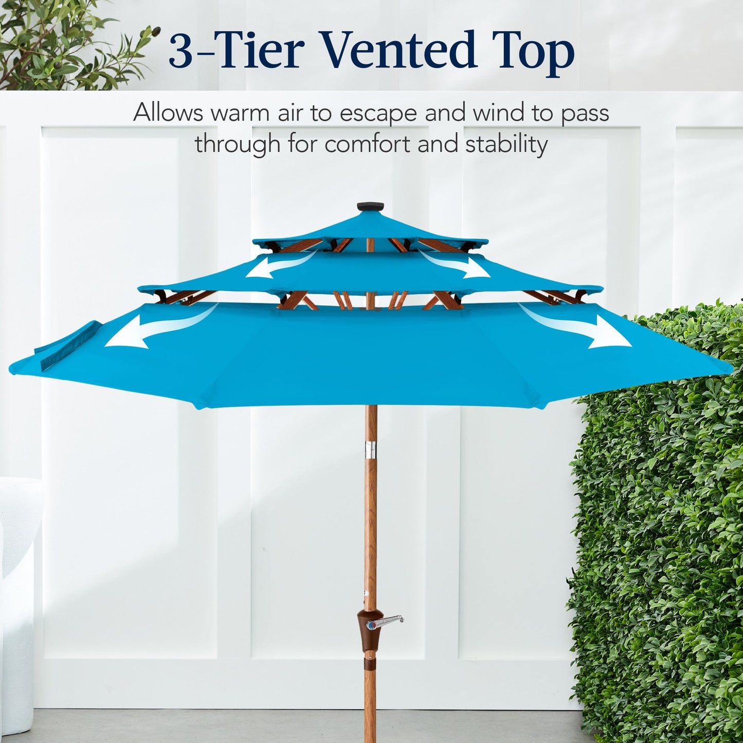 3-Tier Woodgrain Pattern Solar Patio Umbrella, Tilt Adjustment - 10ft