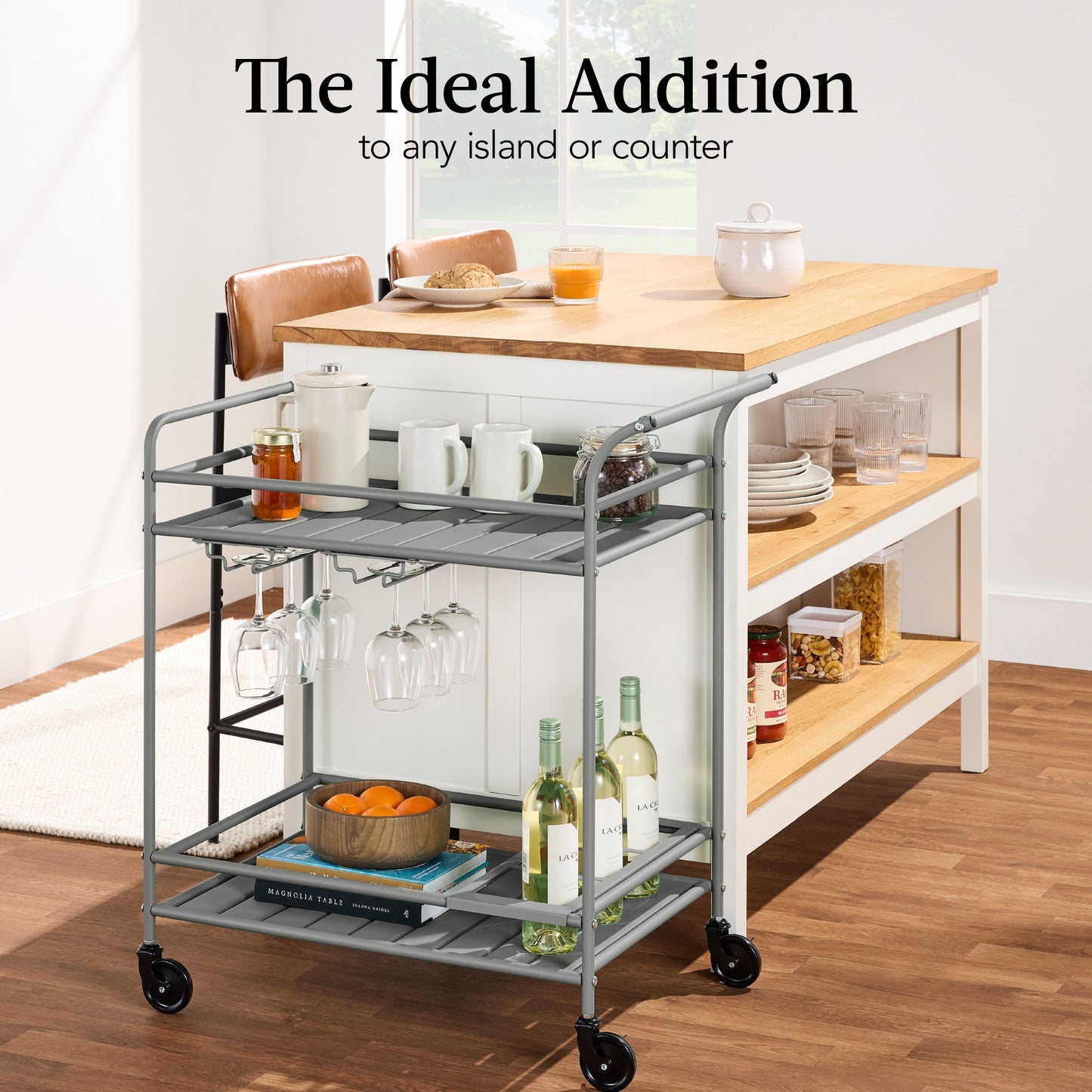 2-Tier Rolling Bar Cart Indoor/Outdoor w/ Shelves, Wine Rack, Locking Wheels