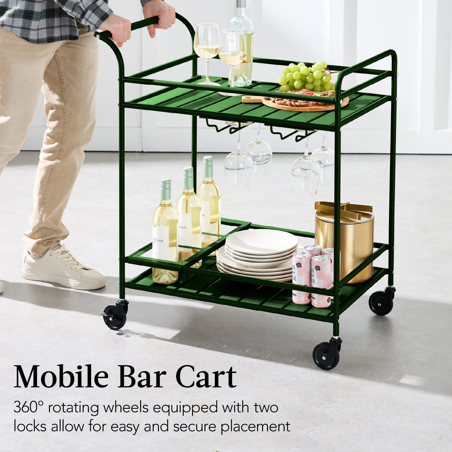 2-Tier Rolling Bar Cart Indoor/Outdoor w/ Shelves, Wine Rack, Locking Wheels