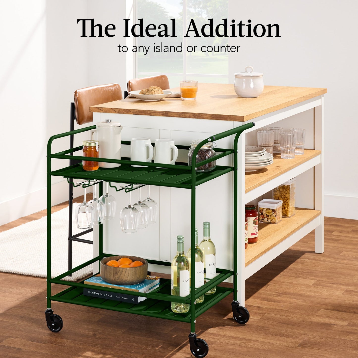 2-Tier Rolling Bar Cart Indoor/Outdoor w/ Shelves, Wine Rack, Locking Wheels