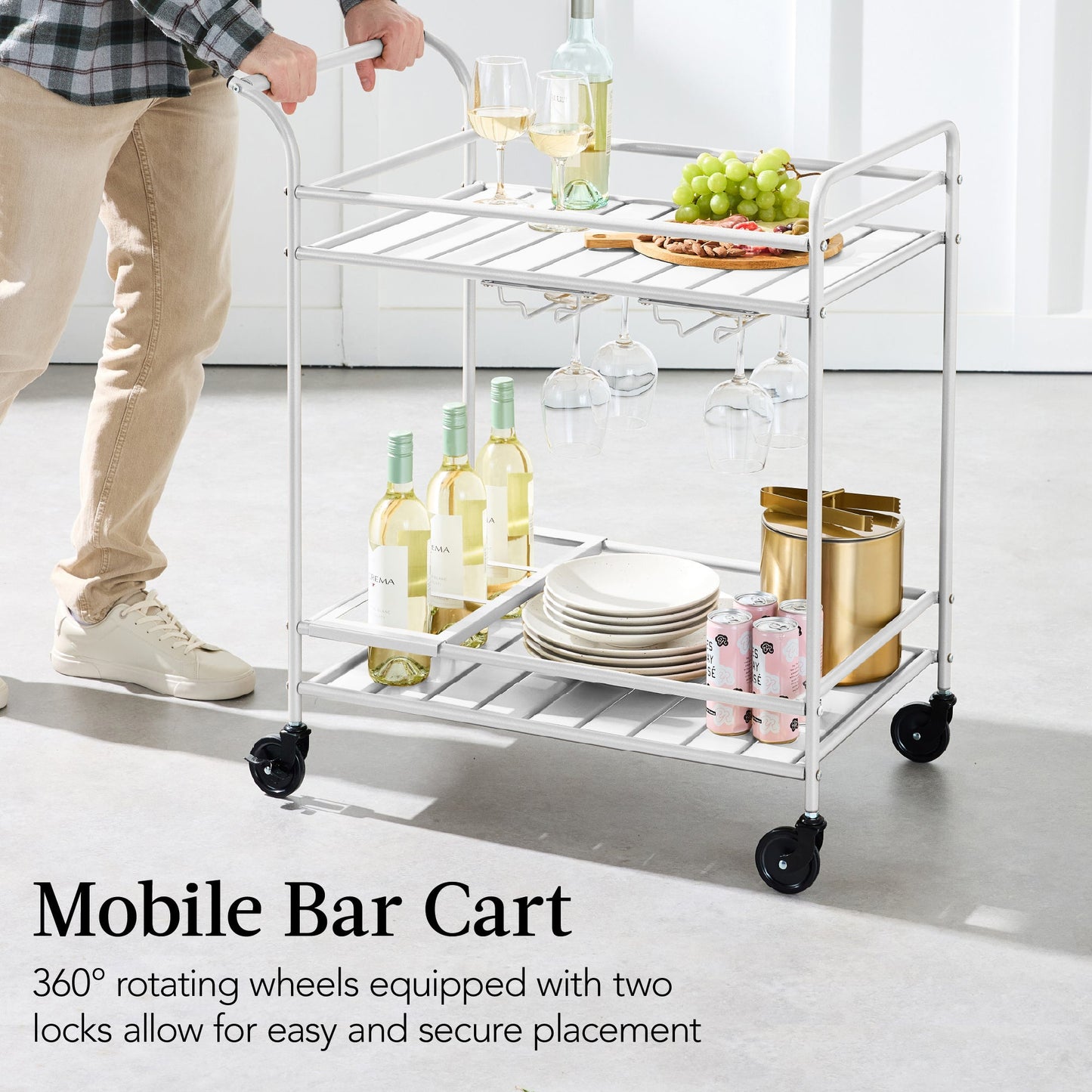 2-Tier Rolling Bar Cart Indoor/Outdoor w/ Shelves, Wine Rack, Locking Wheels